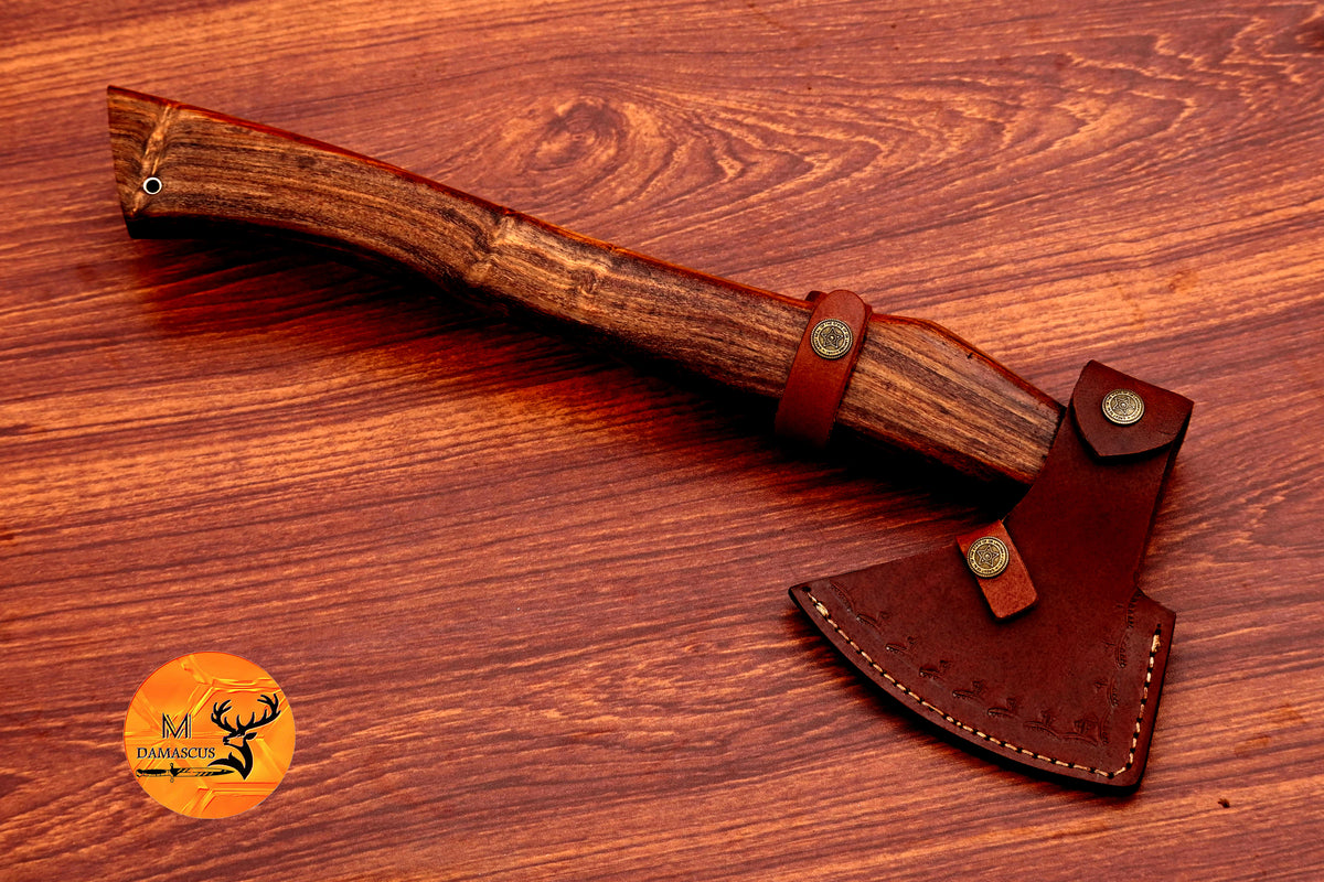 CUSTOM HANDMADE FORGED DAMASCUS STEEL AXE HATCHETS TOMAHAWK VIKING THROWING WOOD HANDLE WITH LEATHER SHEATH