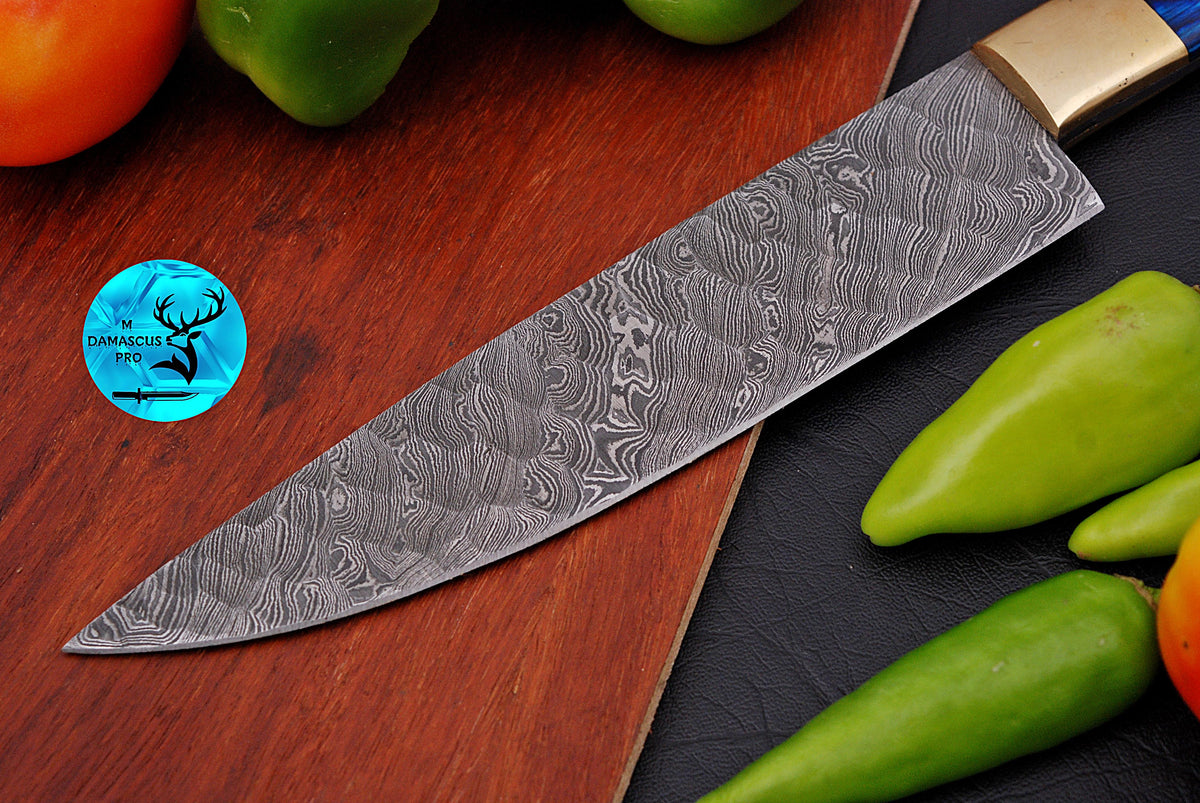 Chef Knife Custom Made Hand Forged Damascus Steel Kitchen Knife With Wood and Brass Bolster Handle