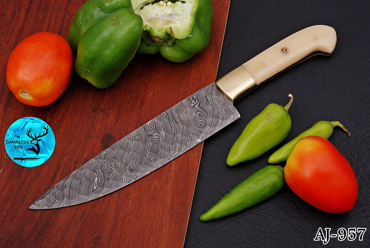 Chef Knife Custom Made Hand Forged Damascus Steel Utility Kitchen Knife With Camel Bone And Brass Bolster Handle