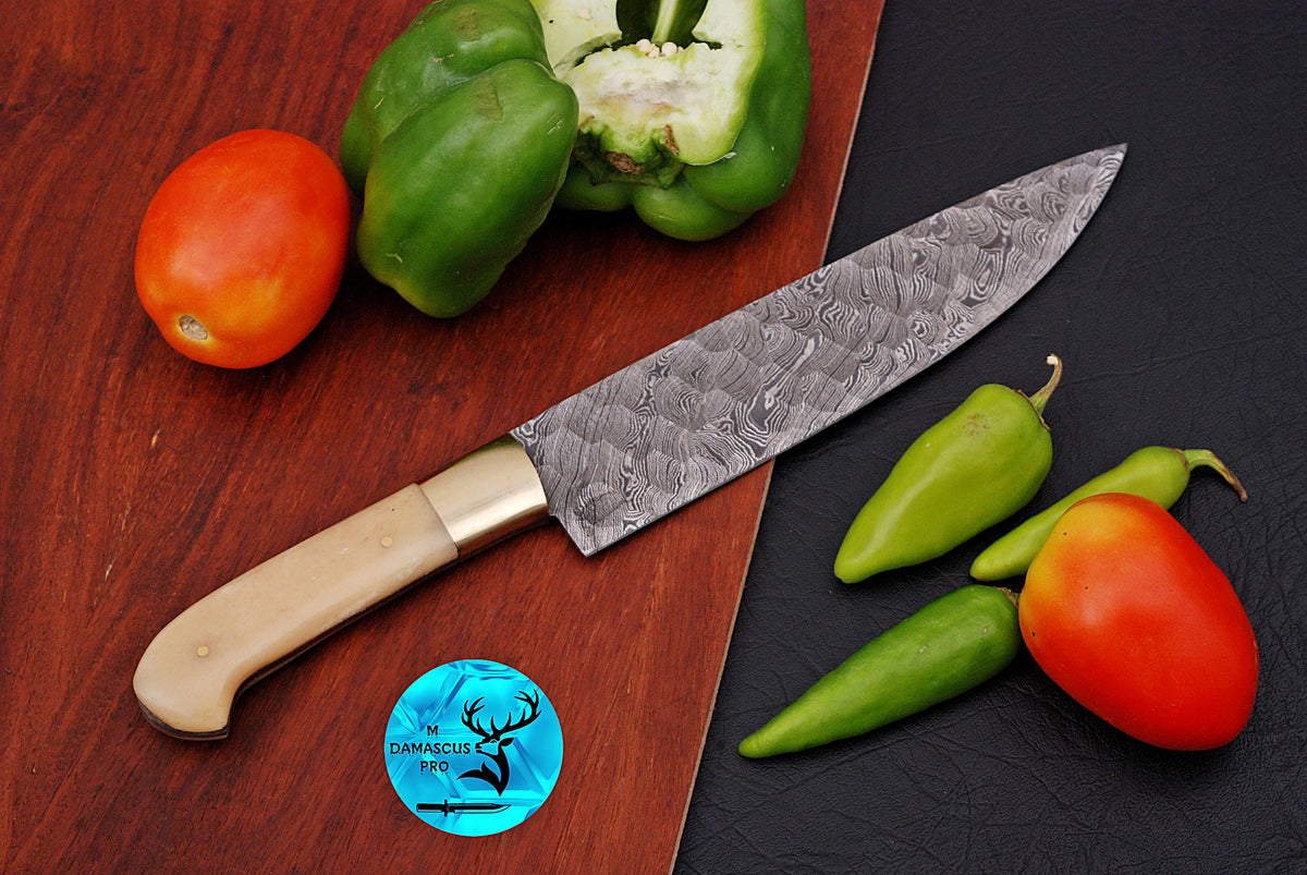Chef Knife Custom Made Hand Forged Damascus Steel Utility Kitchen Knife With Camel Bone And Brass Bolster Handle