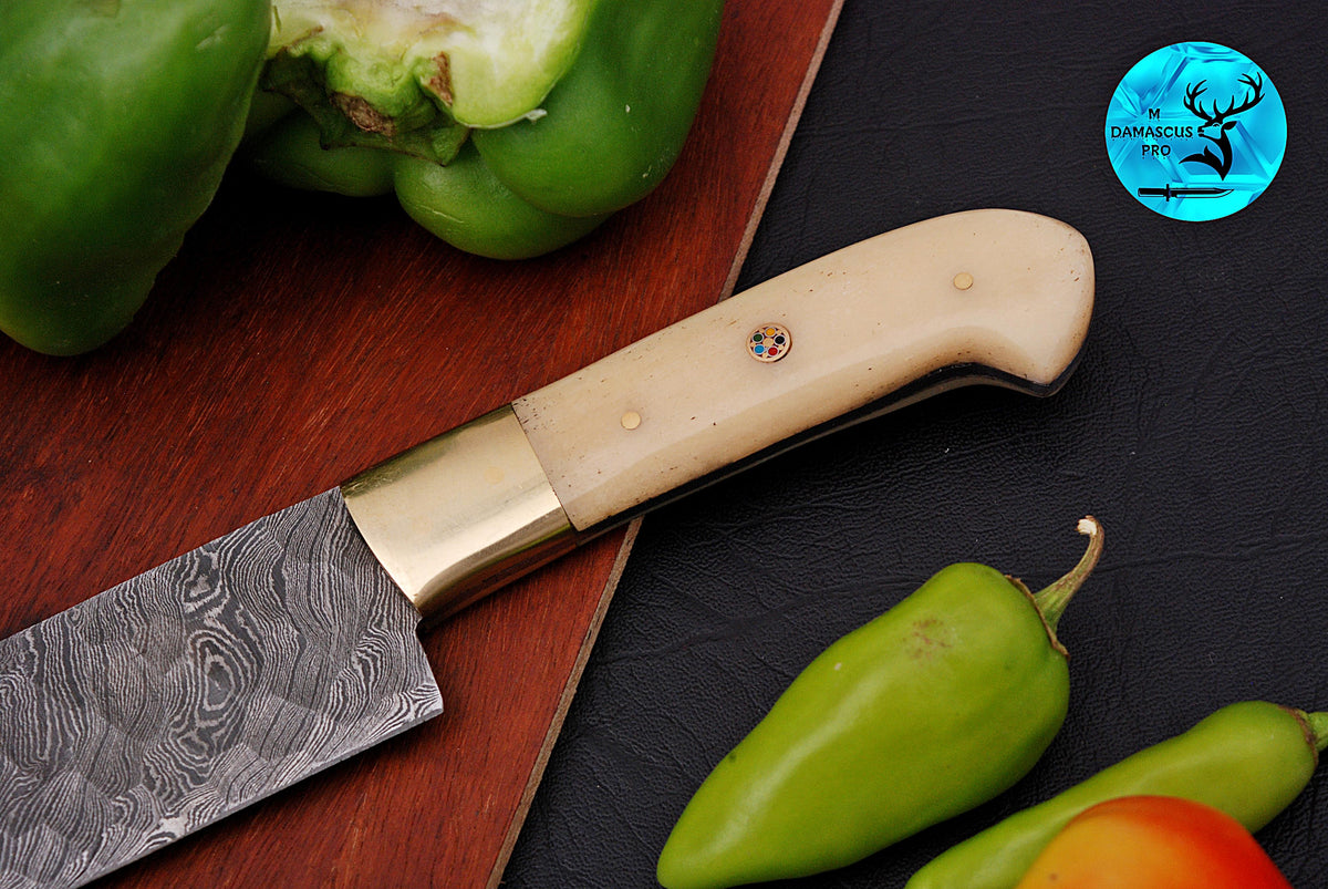 Chef Knife Custom Made Hand Forged Damascus Steel Utility Kitchen Knife With Camel Bone And Brass Bolster Handle