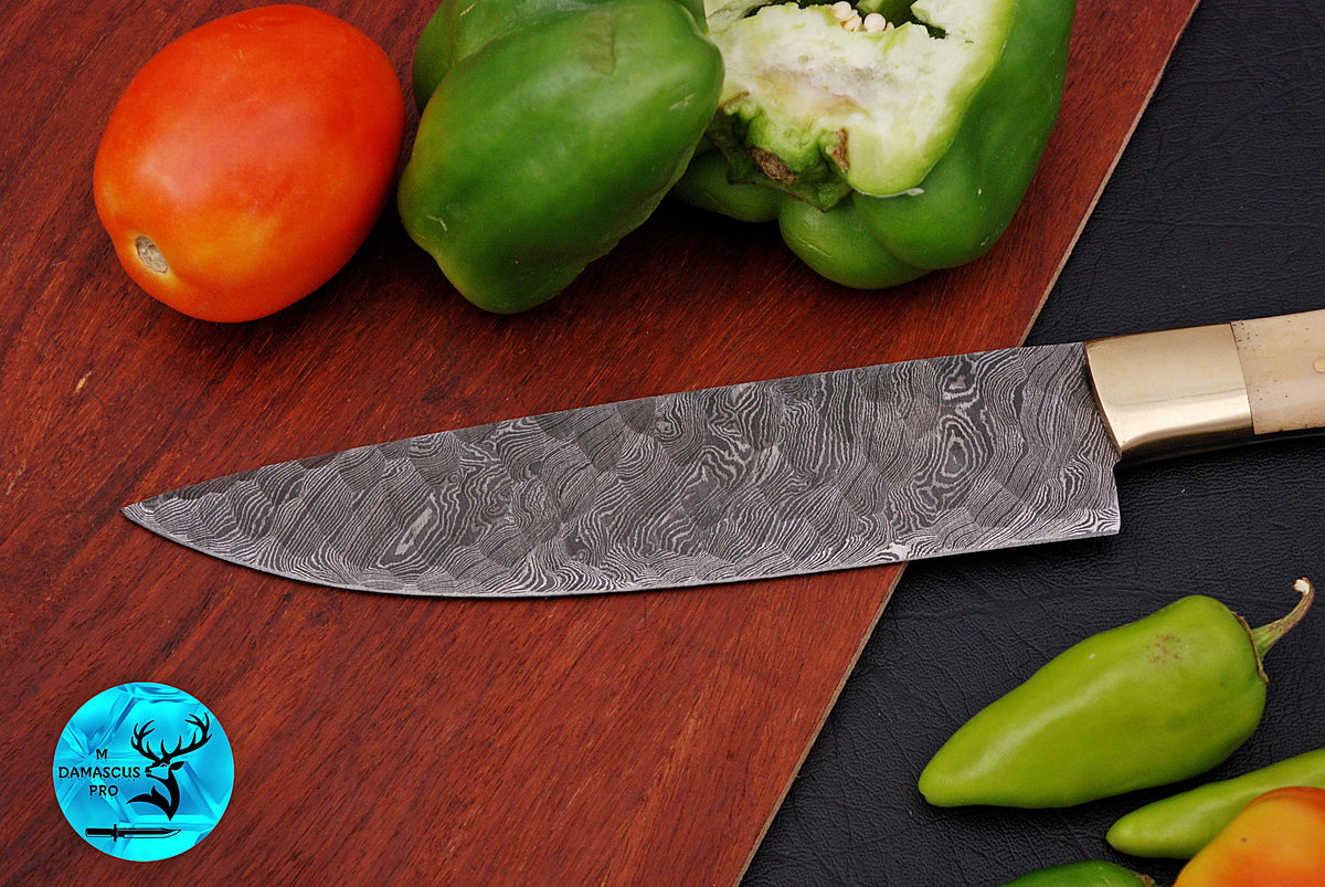Chef Knife Custom Made Hand Forged Damascus Steel Utility Kitchen Knife With Camel Bone And Brass Bolster Handle