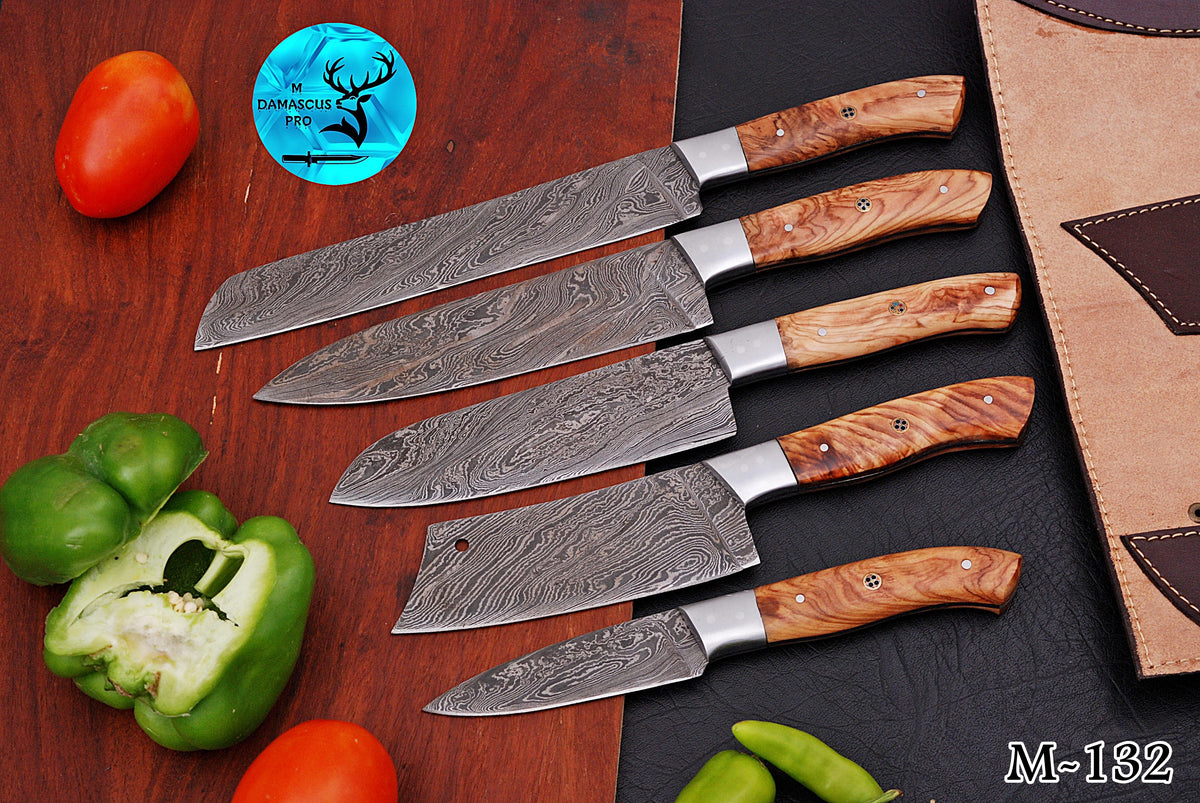 CUSTOM MADE CHEF KNIFE SET HAND FORGED DAMASCUS STEEL KITCHEN KNIVES SET WITH WOOD HANDLE