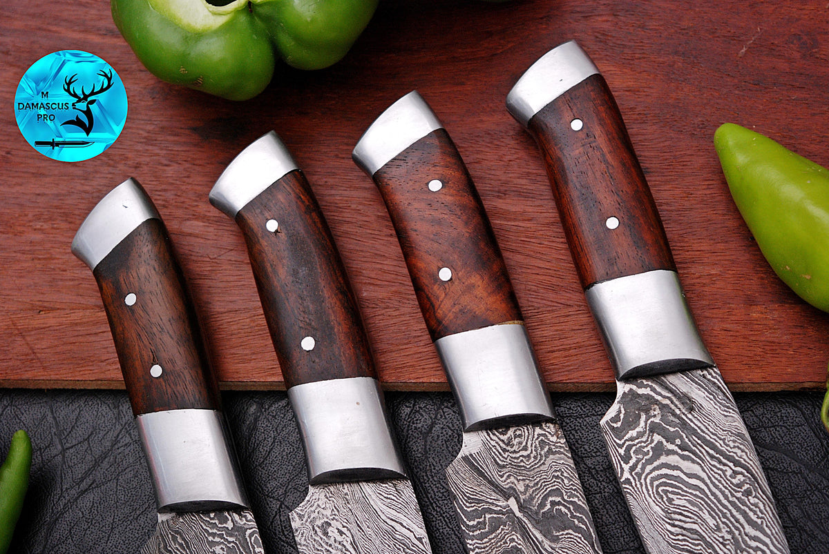 CUSTOM HANDMADE FORGED DAMASCUS STEEL STEAK KNIFE SET CHEF KNIFE SET KITCHEN KNIVES SET WITH WOOD HANDLE 1627