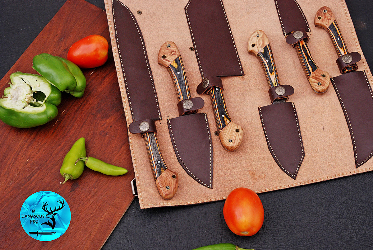 CUSTOM MADE CHEF KNIFE SET HAND FORGED DAMASCUS STEEL KITCHEN KNIVES SET WITH WOOD HANDLE