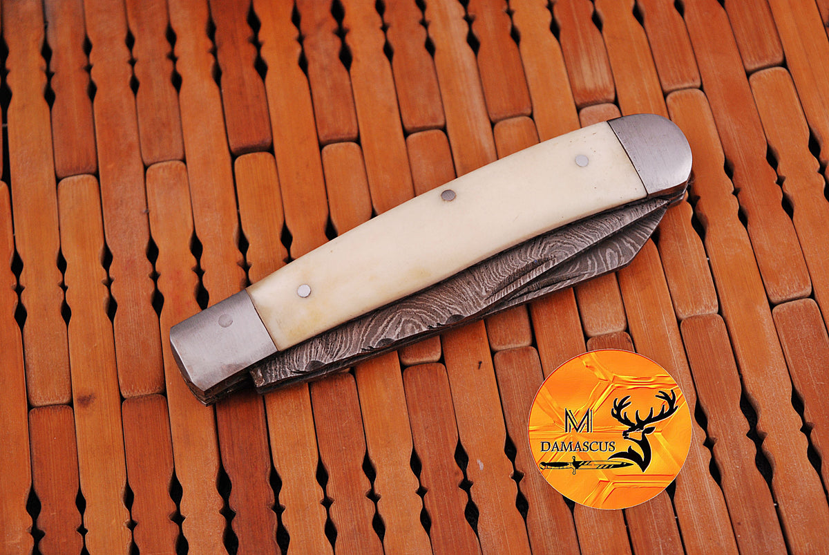 CUSTOM MADE TRAPPER KNIFE / HAND FORGED DAMASCUS STEEL FOLDING BLADE KNIFE / CAMEL BONE HANDLE 1009