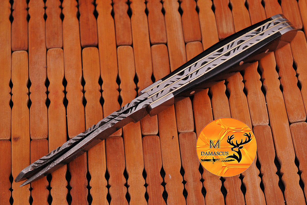 CUSTOM MADE TRAPPER KNIFE / HAND FORGED DAMASCUS STEEL FOLDING BLADE KNIFE / BULL HORN HANDLE 1010