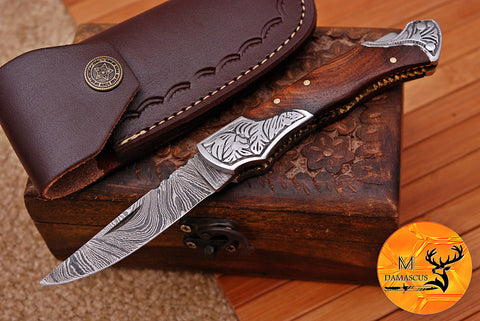 CUSTOM MADE POCKET KNIFE / HAND FORGED DAMASCUS STEEL FOLDING BLADE KNIFE / WOOD HANDLE 670