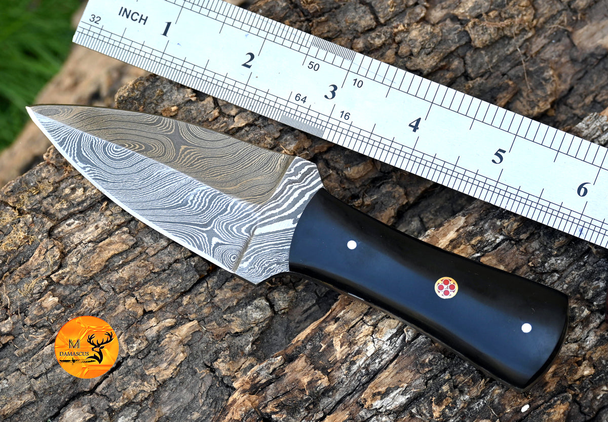 CUSTOM HANDMADE FORGED DAMASCUS STEEL BOOT KNIFE THROWING HUNTING KNIFE EDC BULL HORN HANDLE 870