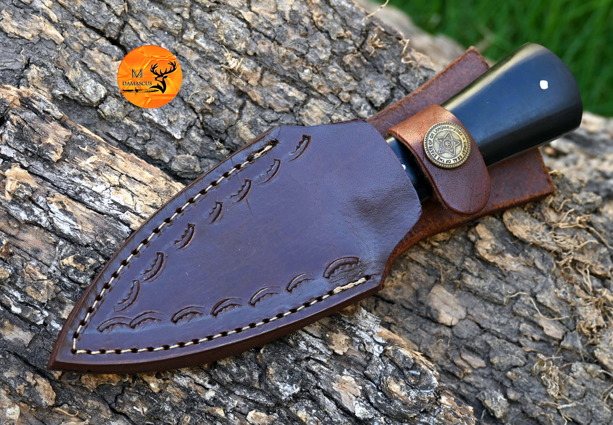 CUSTOM HANDMADE FORGED DAMASCUS STEEL BOOT KNIFE THROWING HUNTING KNIFE EDC BULL HORN HANDLE 870