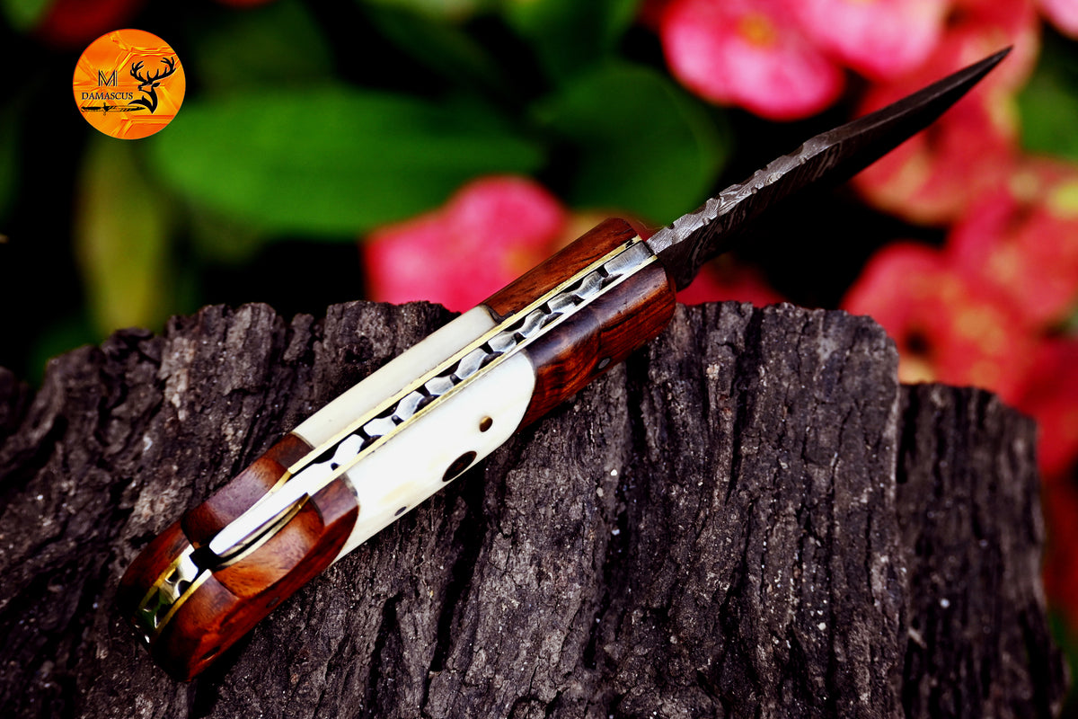 CUSTOM MADE POCKET KNIFE / HAND FORGED DAMASCUS STEEL FOLDING BLADE KNIFE / WOOD HANDLE