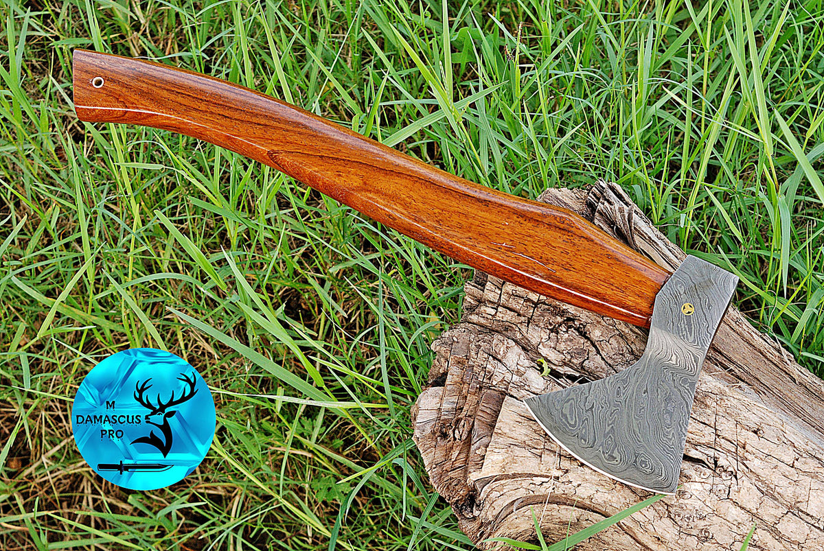 CUSTOM HANDMADE FORGED DAMASCUS STEEL AXE HATCHETS TOMAHAWK VIKING THROWING WOOD HANDLE WITH LEATHER SHEATH 1169