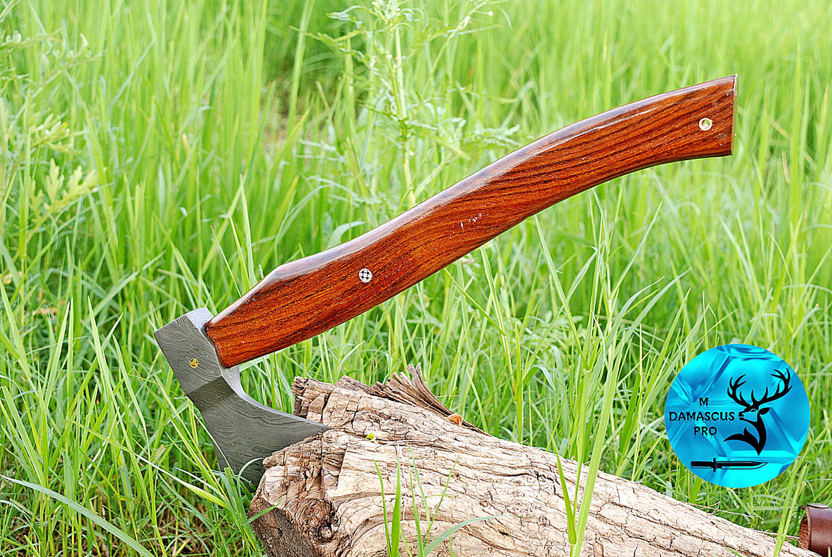 CUSTOM HANDMADE FORGED DAMASCUS STEEL AXE HATCHETS TOMAHAWK VIKING THROWING WOOD HANDLE WITH LEATHER SHEATH 1169
