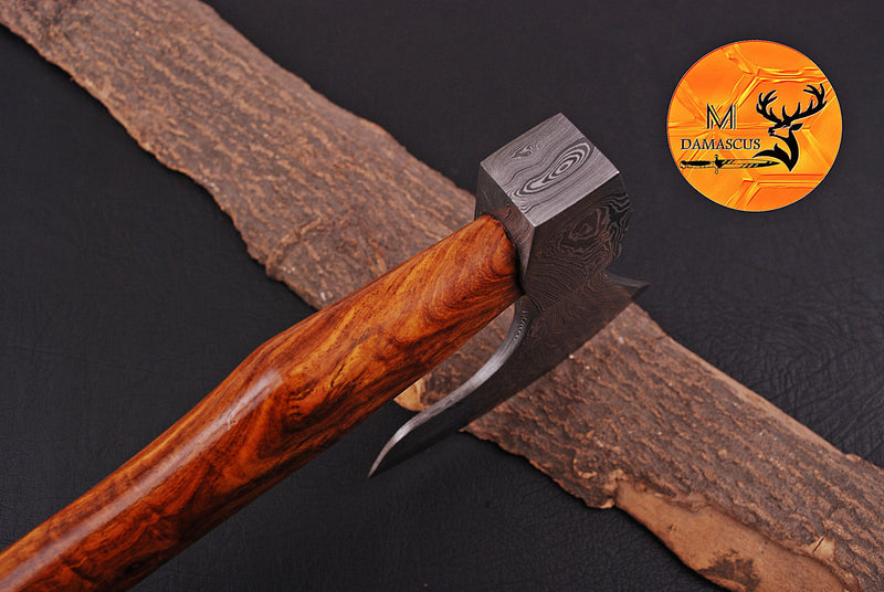 CUSTOM HANDMADE FORGED DAMASCUS STEEL AXE HATCHETS TOMAHAWK VIKING THROWING WOOD HANDLE WITH LEATHER SHEATH 1301