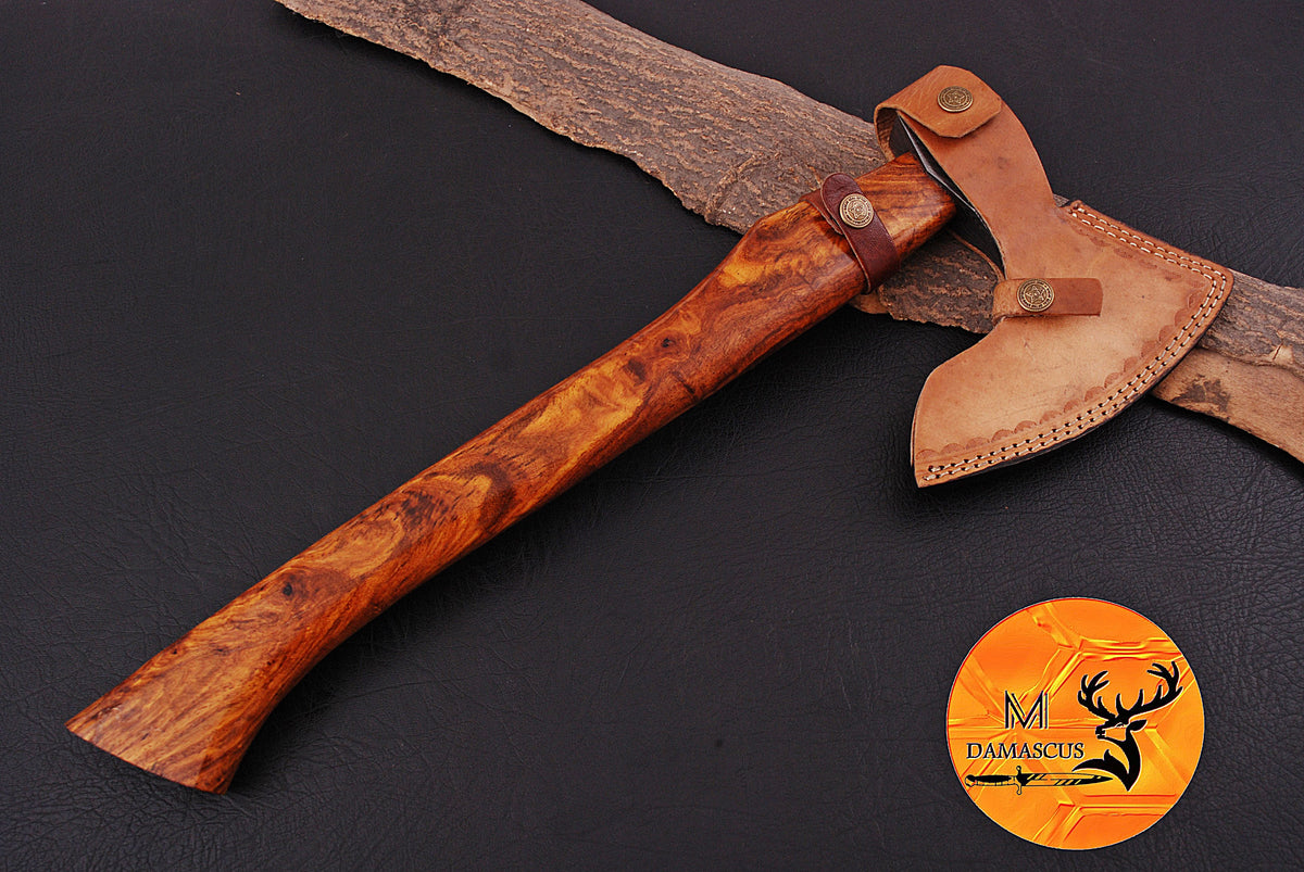 CUSTOM HANDMADE FORGED DAMASCUS STEEL AXE HATCHETS TOMAHAWK VIKING THROWING WOOD HANDLE WITH LEATHER SHEATH 1301