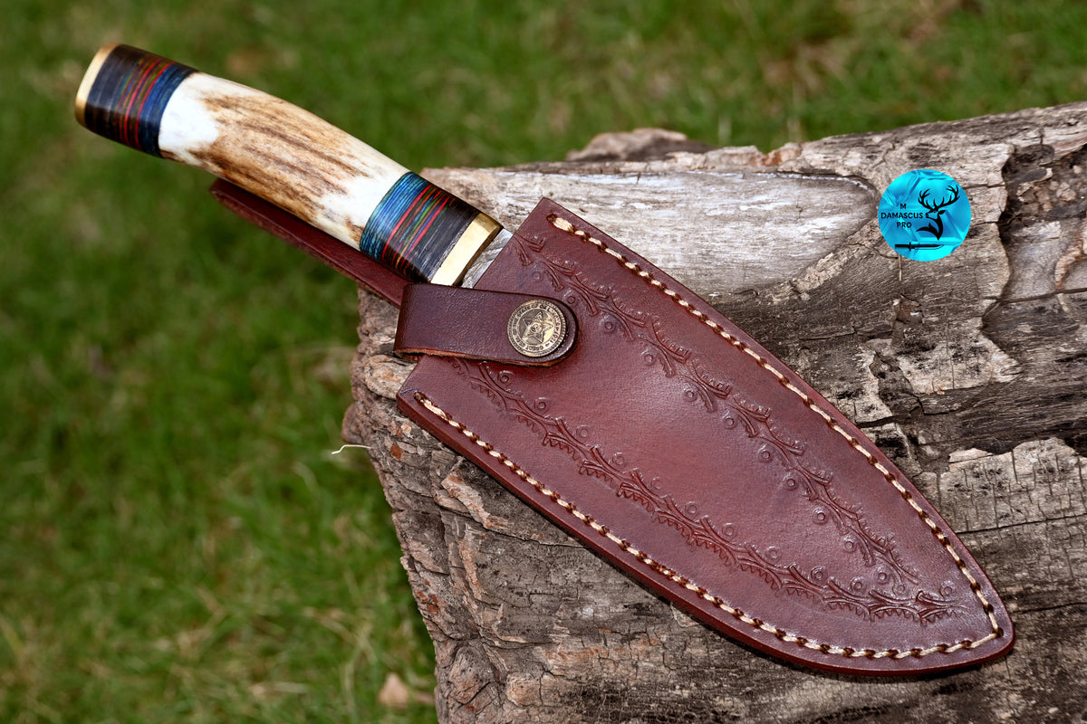 CUSTOM MADE HAND FORGED DAMASCUS 10" HUNTING/BOWIE KNIFE STAG/ANTLER HANDLE 2793