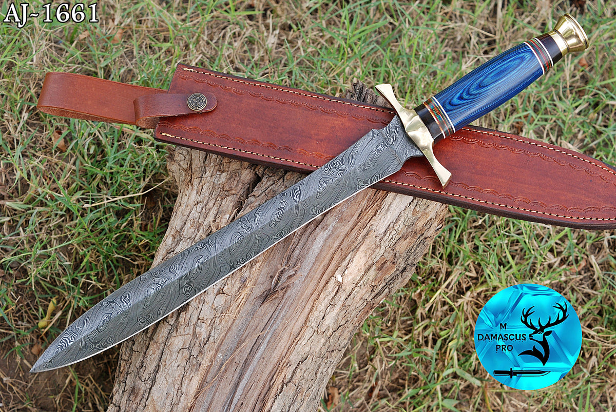 CUSTOM MADE HAND FORGED DAMASCUS STEEL VIKING SWORD DOUBLE EDGE DAGGER SWORD WITH WOOD HANDLE 1661