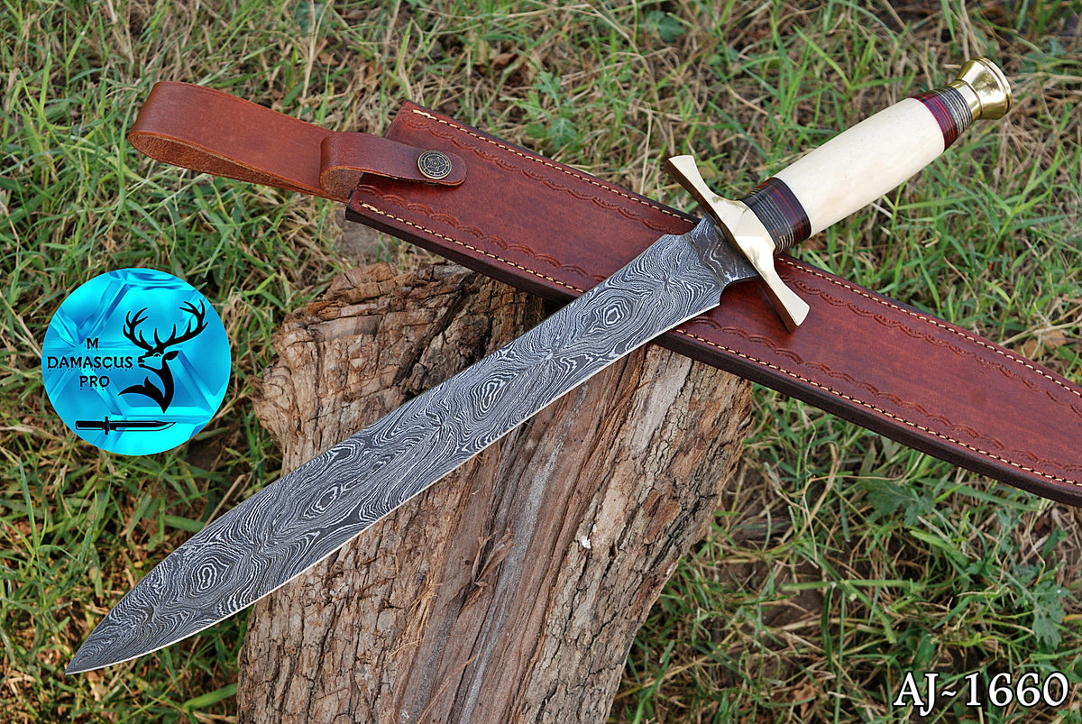 CUSTOM MADE HAND FORGED DAMASCUS STEEL VIKING SWORD DOUBLE EDGE DAGGER SWORD WITH CAMEL BONE HANDLE 1660