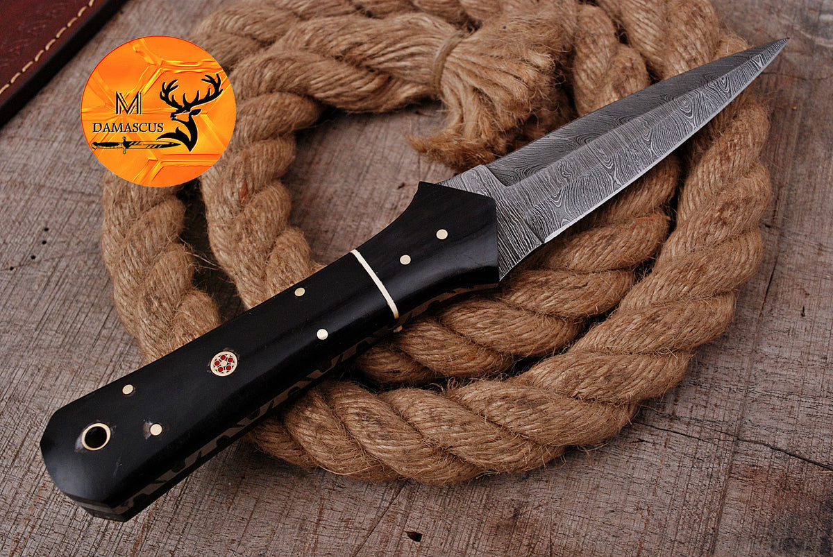 CUSTOM HANDMADE FORGED DAMASCUS STEEL BOOT KNIFE THROWING HUNTING KNIFE EDC BULL HORN HANDLE 953