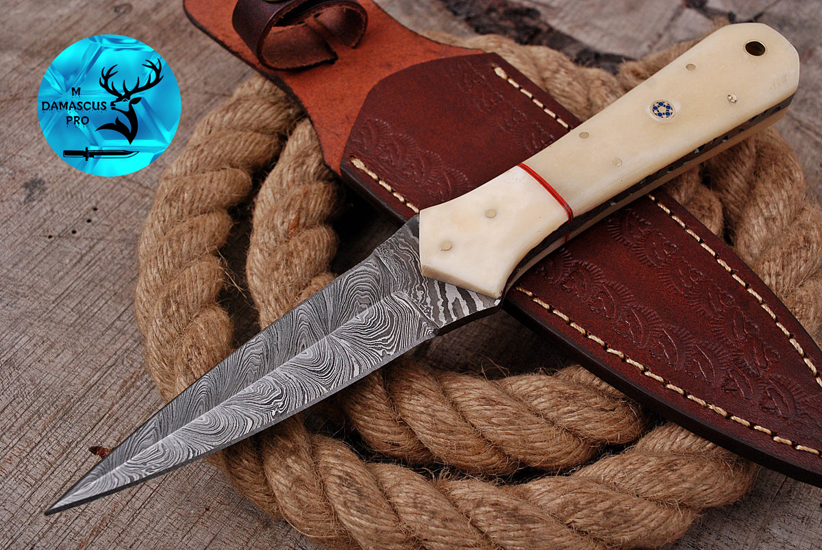 CUSTOM HANDMADE FORGED DAMASCUS STEEL BOOT KNIFE THROWING HUNTING KNIFE EDC CAMEL BONE HANDLE 684