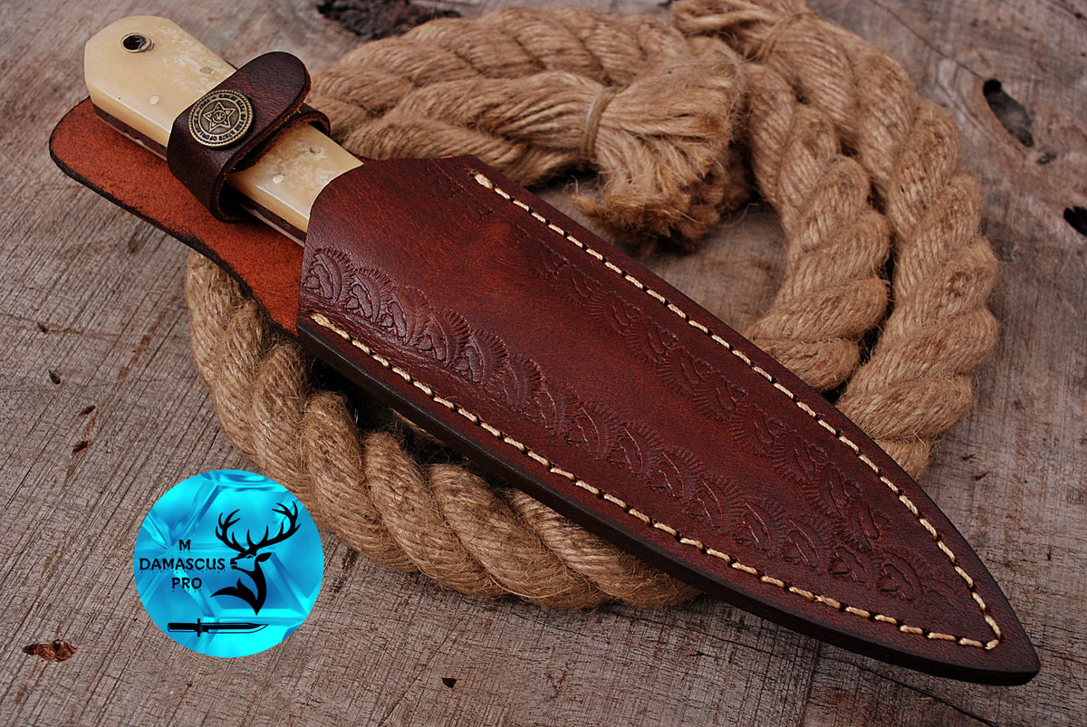 CUSTOM HANDMADE FORGED DAMASCUS STEEL BOOT KNIFE THROWING HUNTING KNIFE EDC CAMEL BONE HANDLE 684