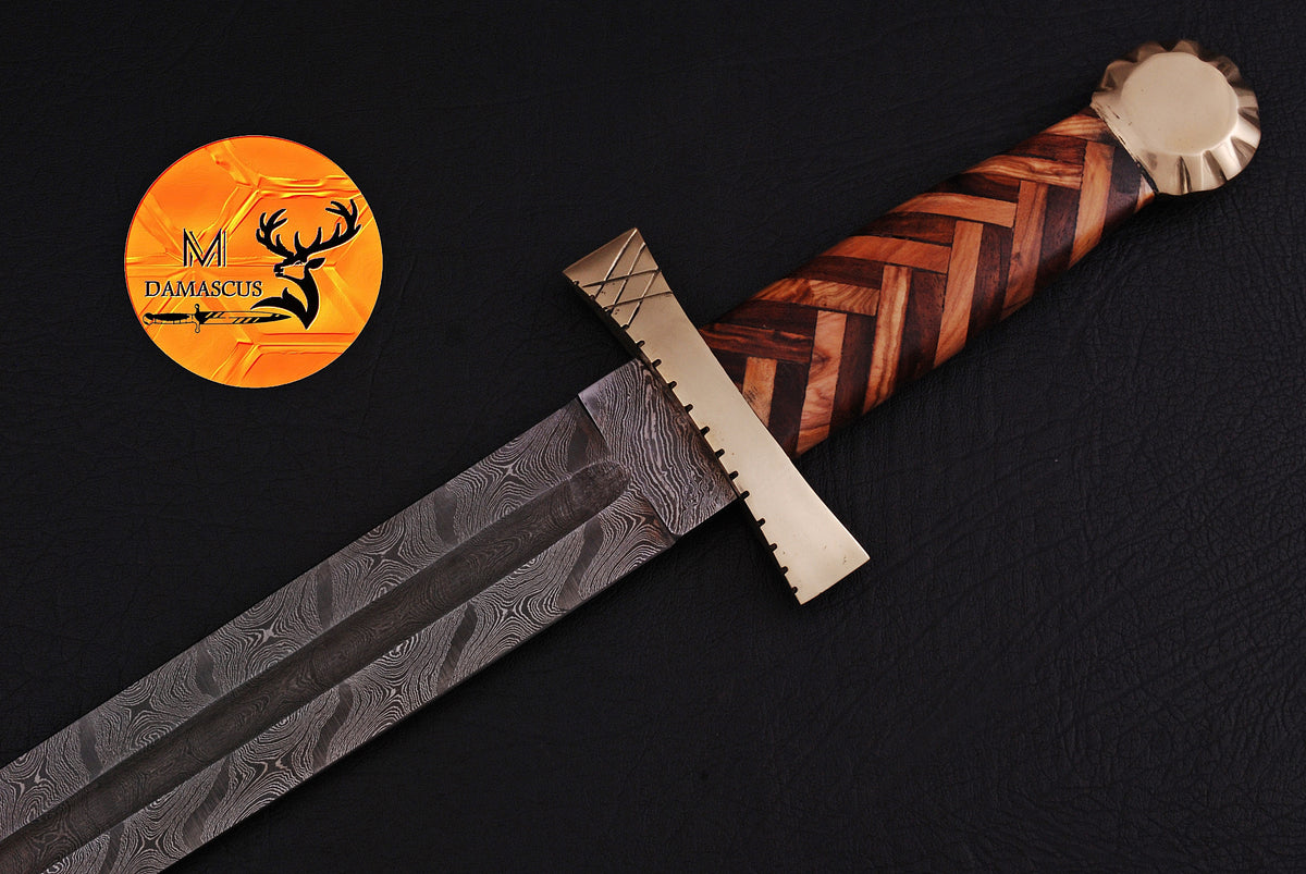 31" INCHES CUSTOM HANDMADE FORGED DAMASCUS STEEL VIKING SWORD WITH WOOD & BRASS GUARD HANDLE 1085