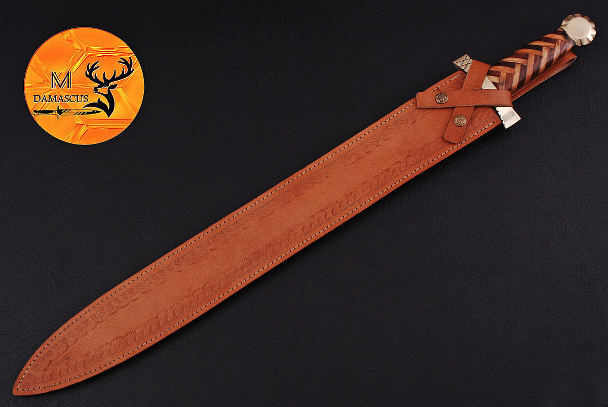 31" INCHES CUSTOM HANDMADE FORGED DAMASCUS STEEL VIKING SWORD WITH WOOD & BRASS GUARD HANDLE 1085