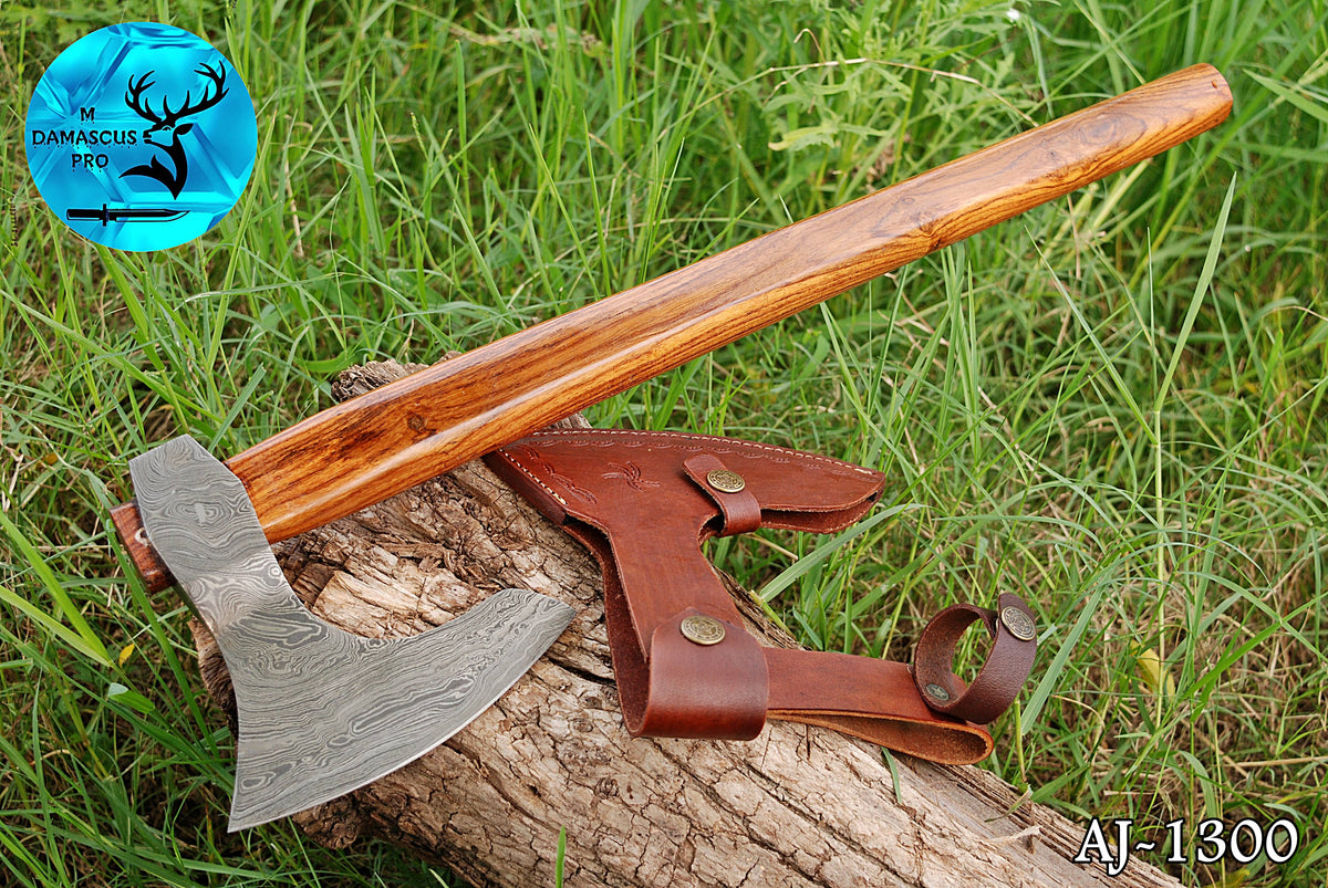 CUSTOM HANDMADE FORGED DAMASCUS STEEL AXE HATCHETS TOMAHAWK VIKING THROWING WOOD HANDLE WITH LEATHER SHEATH 1300
