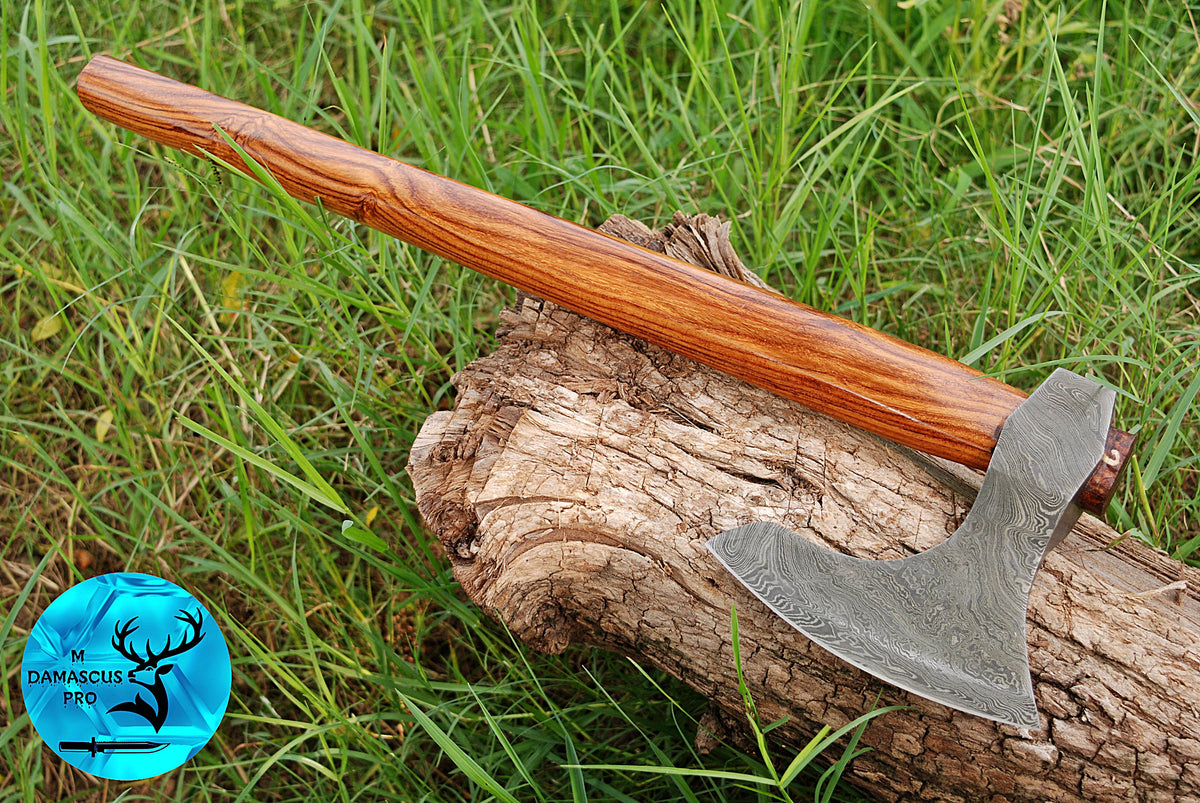 CUSTOM HANDMADE FORGED DAMASCUS STEEL AXE HATCHETS TOMAHAWK VIKING THROWING WOOD HANDLE WITH LEATHER SHEATH 1300