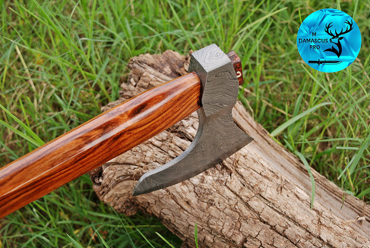 CUSTOM HANDMADE FORGED DAMASCUS STEEL AXE HATCHETS TOMAHAWK VIKING THROWING WOOD HANDLE WITH LEATHER SHEATH 1300