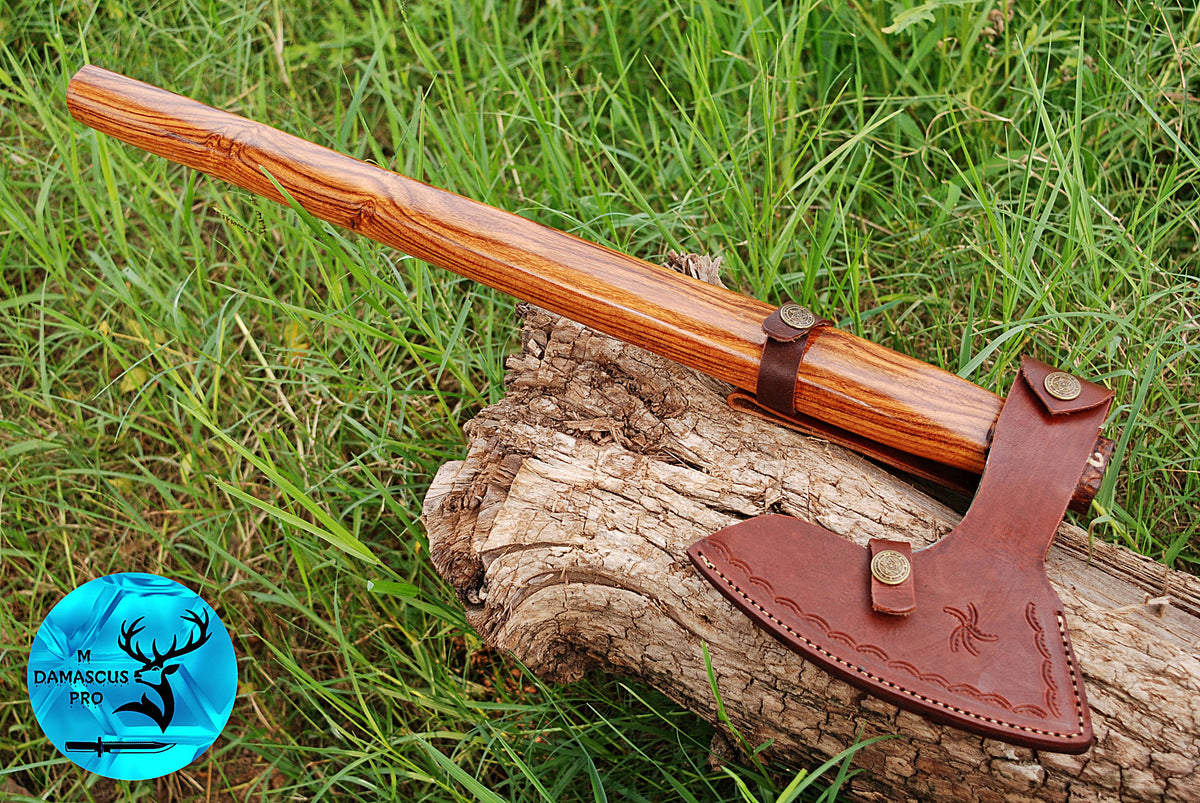 CUSTOM HANDMADE FORGED DAMASCUS STEEL AXE HATCHETS TOMAHAWK VIKING THROWING WOOD HANDLE WITH LEATHER SHEATH 1300