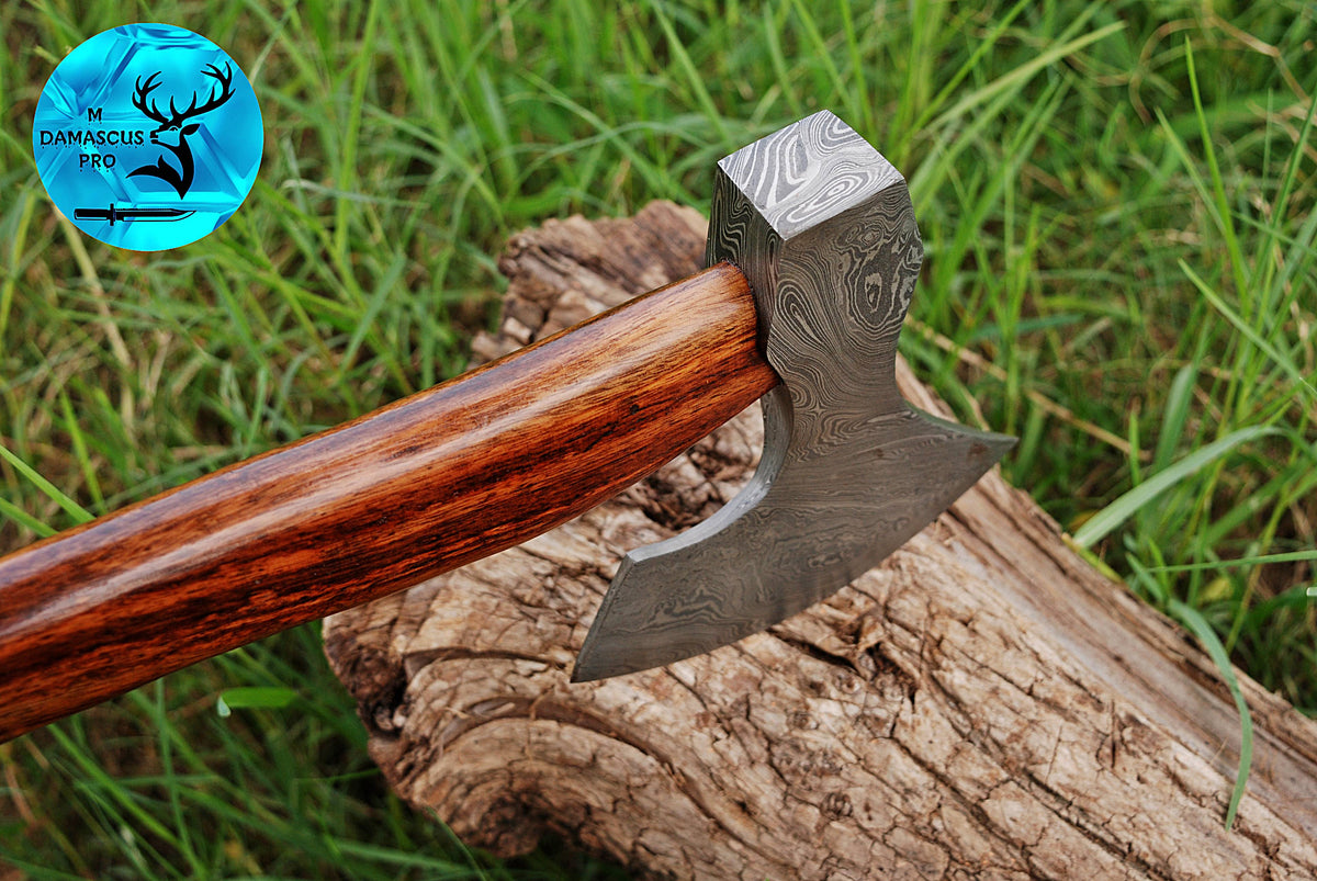 CUSTOM HANDMADE FORGED DAMASCUS STEEL AXE HATCHETS TOMAHAWK VIKING THROWING WOOD HANDLE WITH LEATHER SHEATH M37