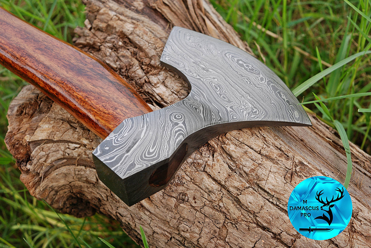 CUSTOM HANDMADE FORGED DAMASCUS STEEL AXE HATCHETS TOMAHAWK VIKING THROWING WOOD HANDLE WITH LEATHER SHEATH M37