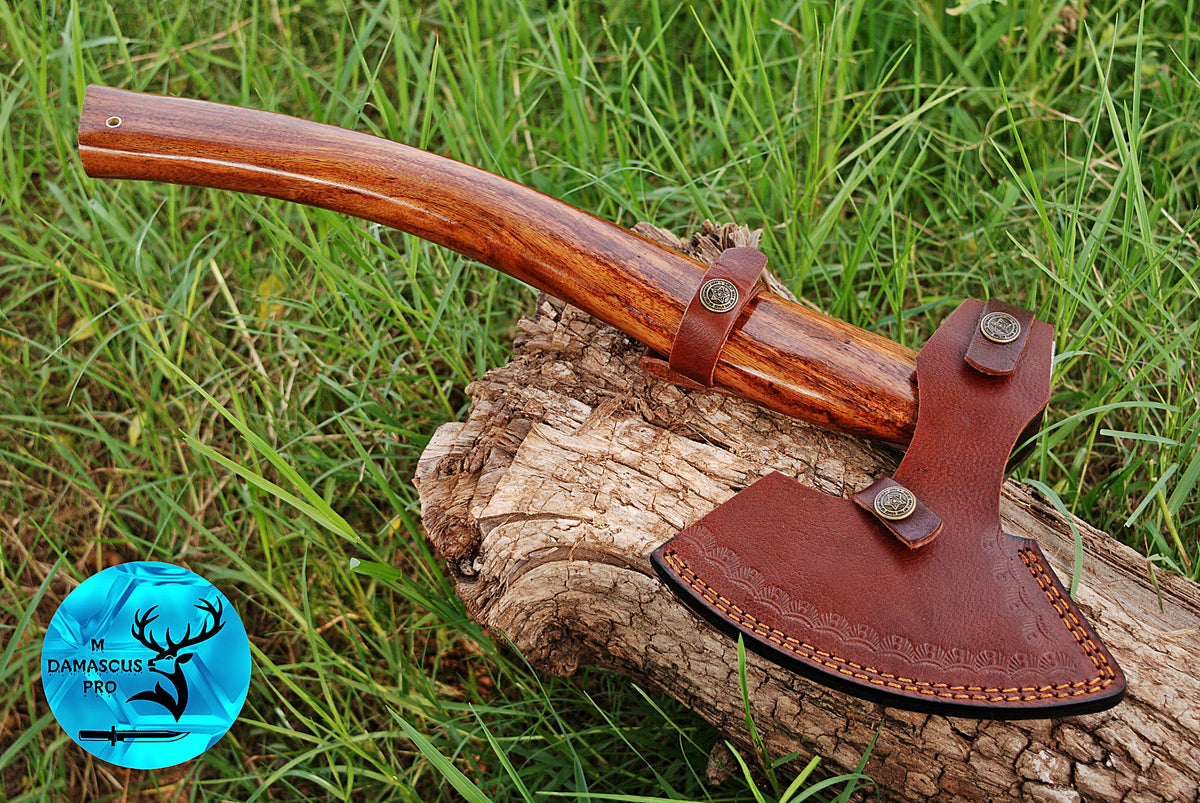 CUSTOM HANDMADE FORGED DAMASCUS STEEL AXE HATCHETS TOMAHAWK VIKING THROWING WOOD HANDLE WITH LEATHER SHEATH M37