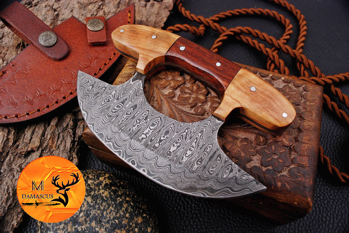 Ulu Knife Custom Made Hand Forged Damascus Steel Chef Kitchen Knife Pizza Cutter With Wood Handle