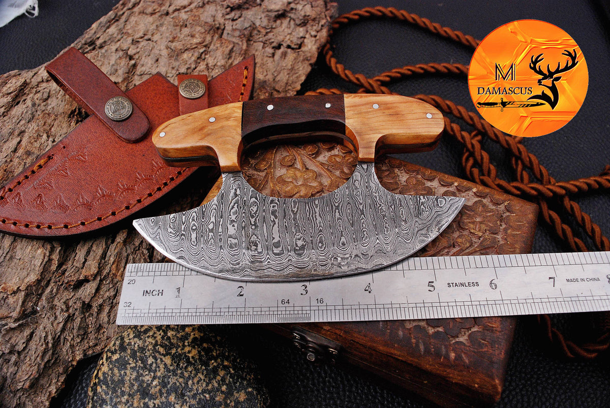 Ulu Knife Custom Made Hand Forged Damascus Steel Chef Kitchen Knife Pizza Cutter With Wood Handle