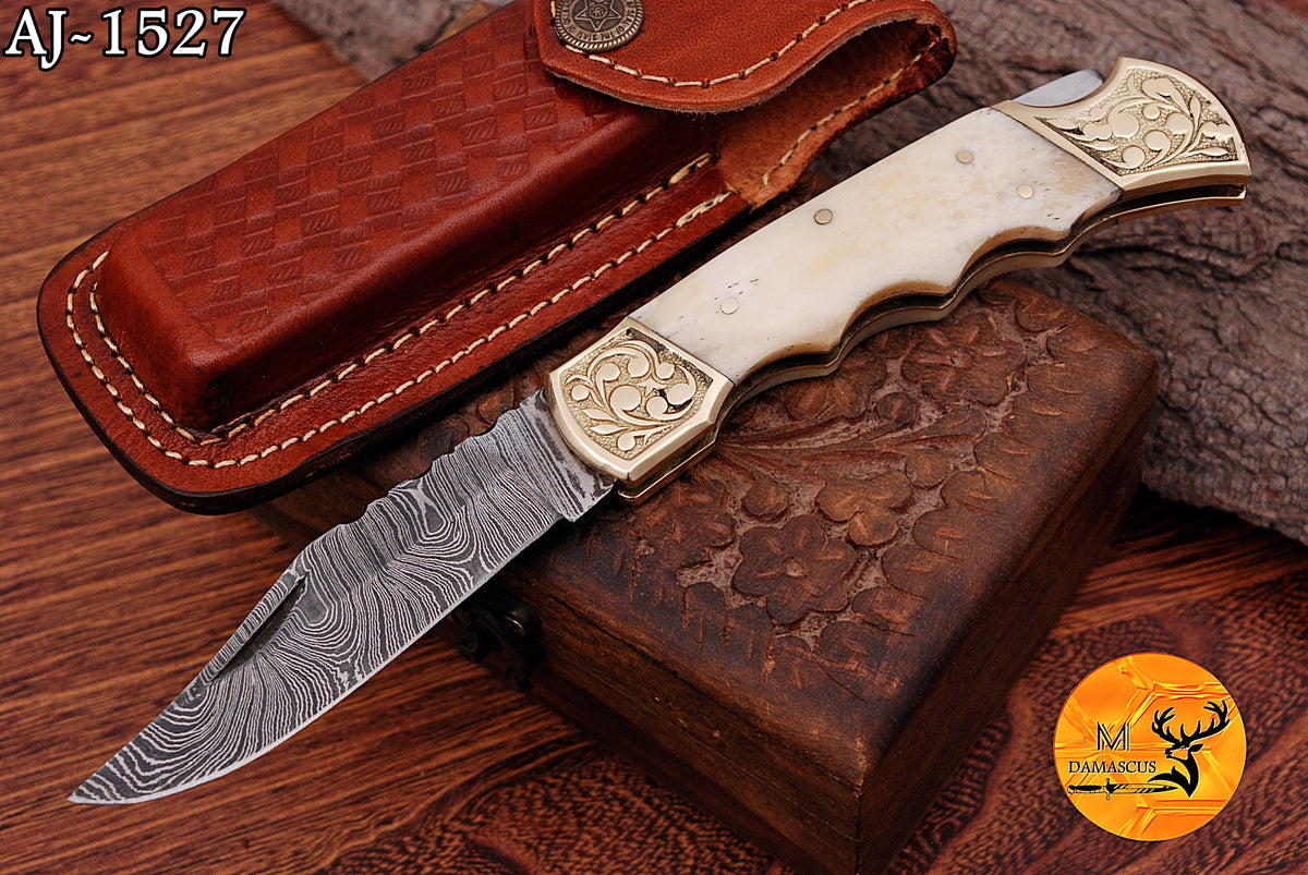 CUSTOM MADE POCKET KNIFE / HAND FORGED DAMASCUS STEEL FOLDING BLADE KNIFE CAMEL BONE HANDLE