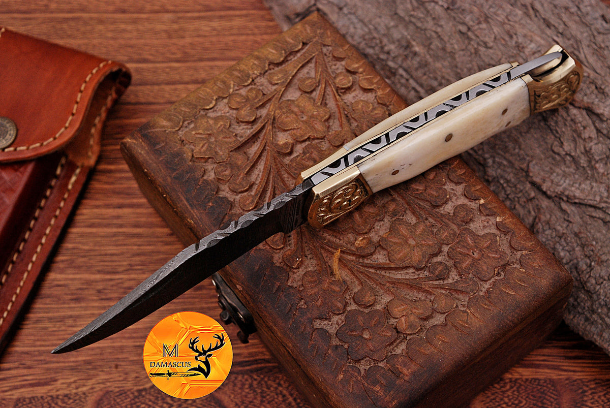 CUSTOM MADE POCKET KNIFE / HAND FORGED DAMASCUS STEEL FOLDING BLADE KNIFE CAMEL BONE HANDLE