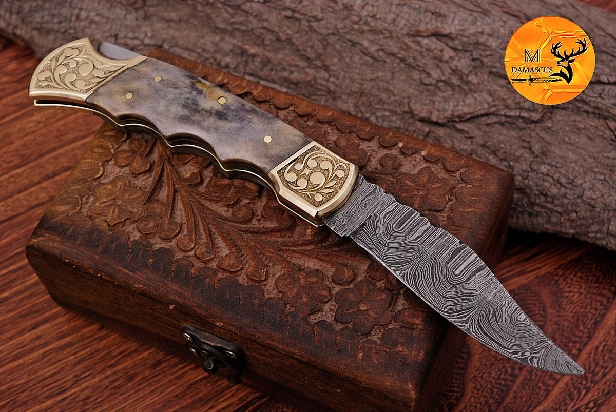 CUSTOM MADE POCKET KNIFE / HAND FORGED DAMASCUS STEEL FOLDING BLADE KNIFE CAMEL BONE HANDLE