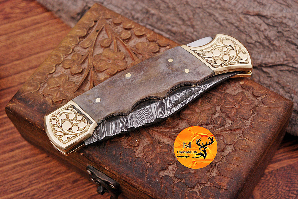 CUSTOM MADE POCKET KNIFE / HAND FORGED DAMASCUS STEEL FOLDING BLADE KNIFE CAMEL BONE HANDLE