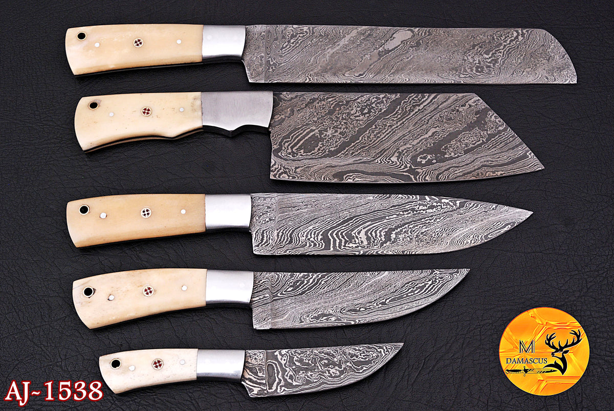 CUSTOM MADE CHEF KNIFE SET HAND FORGED DAMASCUS STEEL KITCHEN KNIVES SET WITH CAMEL BONE HANDLE 1538