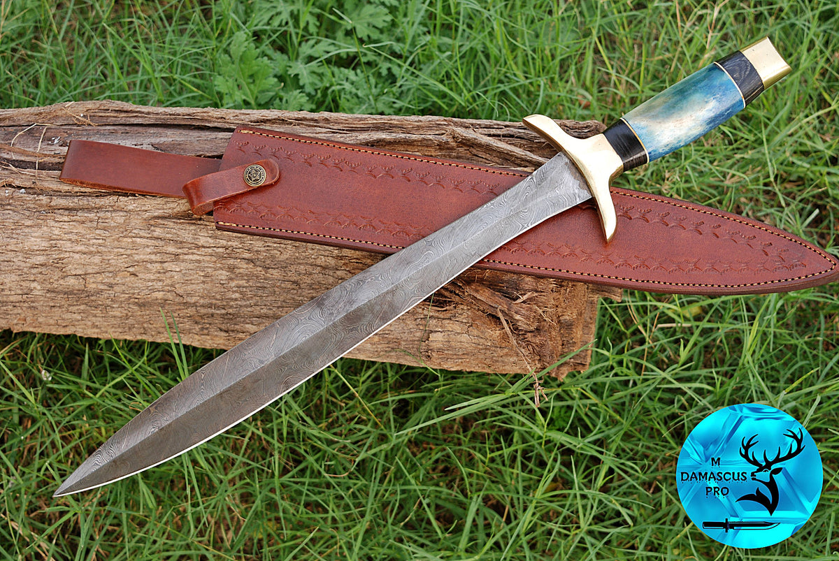 CUSTOM MADE HAND FORGED DAMASCUS STEEL VIKING SWORD DOUBLE EDGE DAGGER SWORD WITH CAMEL BONE HANDLE 1671