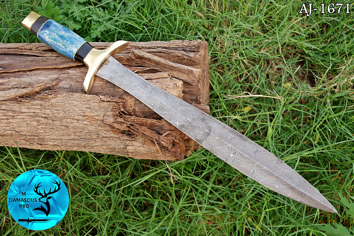 CUSTOM MADE HAND FORGED DAMASCUS STEEL VIKING SWORD DOUBLE EDGE DAGGER SWORD WITH CAMEL BONE HANDLE 1671