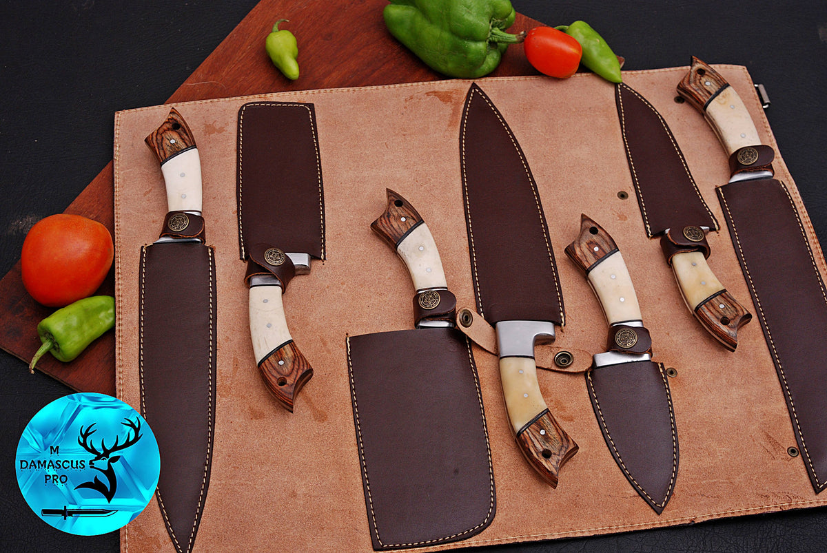 CUSTOM MADE CHEF KNIFE SET HAND FORGED DAMASCUS STEEL KITCHEN KNIVES SET WITH CAMEL BONE HANDLE 1084