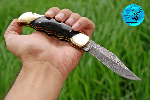 CUSTOM MADE POCKET KNIFE / HAND FORGED DAMASCUS STEEL FOLDING BLADE KNIFE / WOOD HANDLE 963