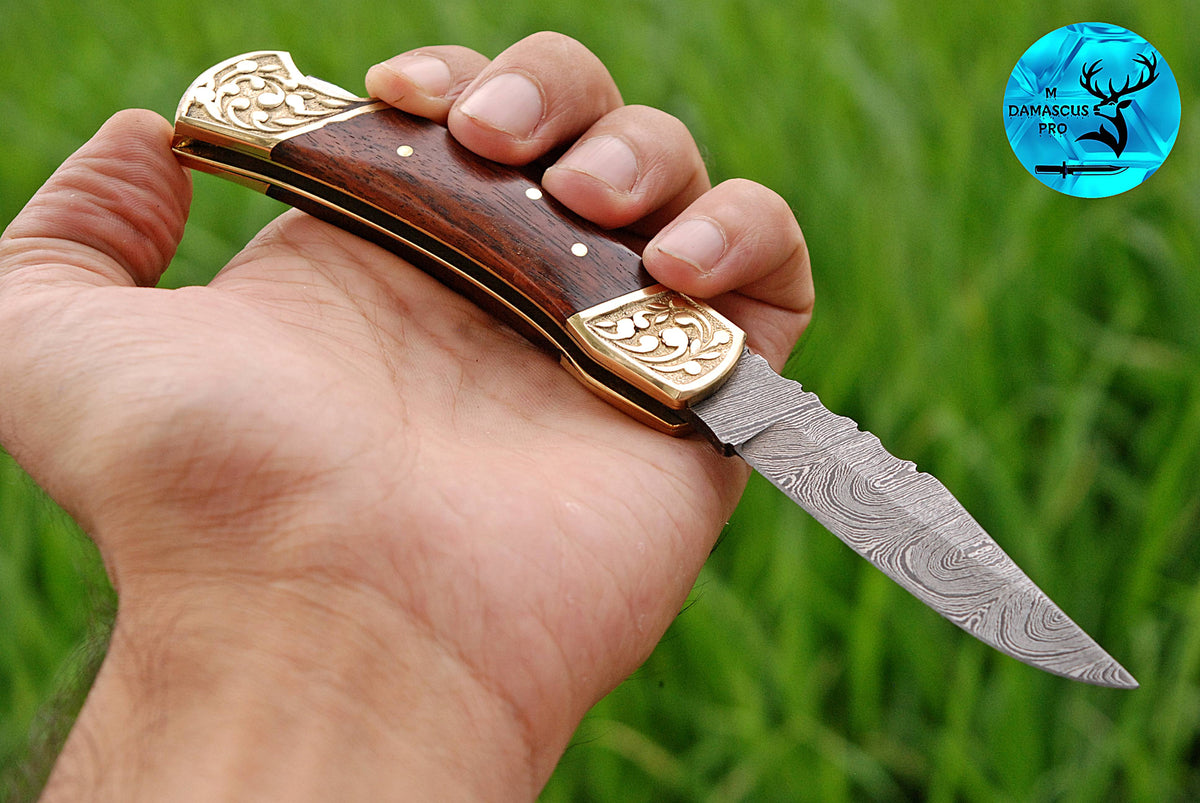 CUSTOM MADE POCKET KNIFE / HAND FORGED DAMASCUS STEEL FOLDING BLADE KNIFE / WOOD HANDLE