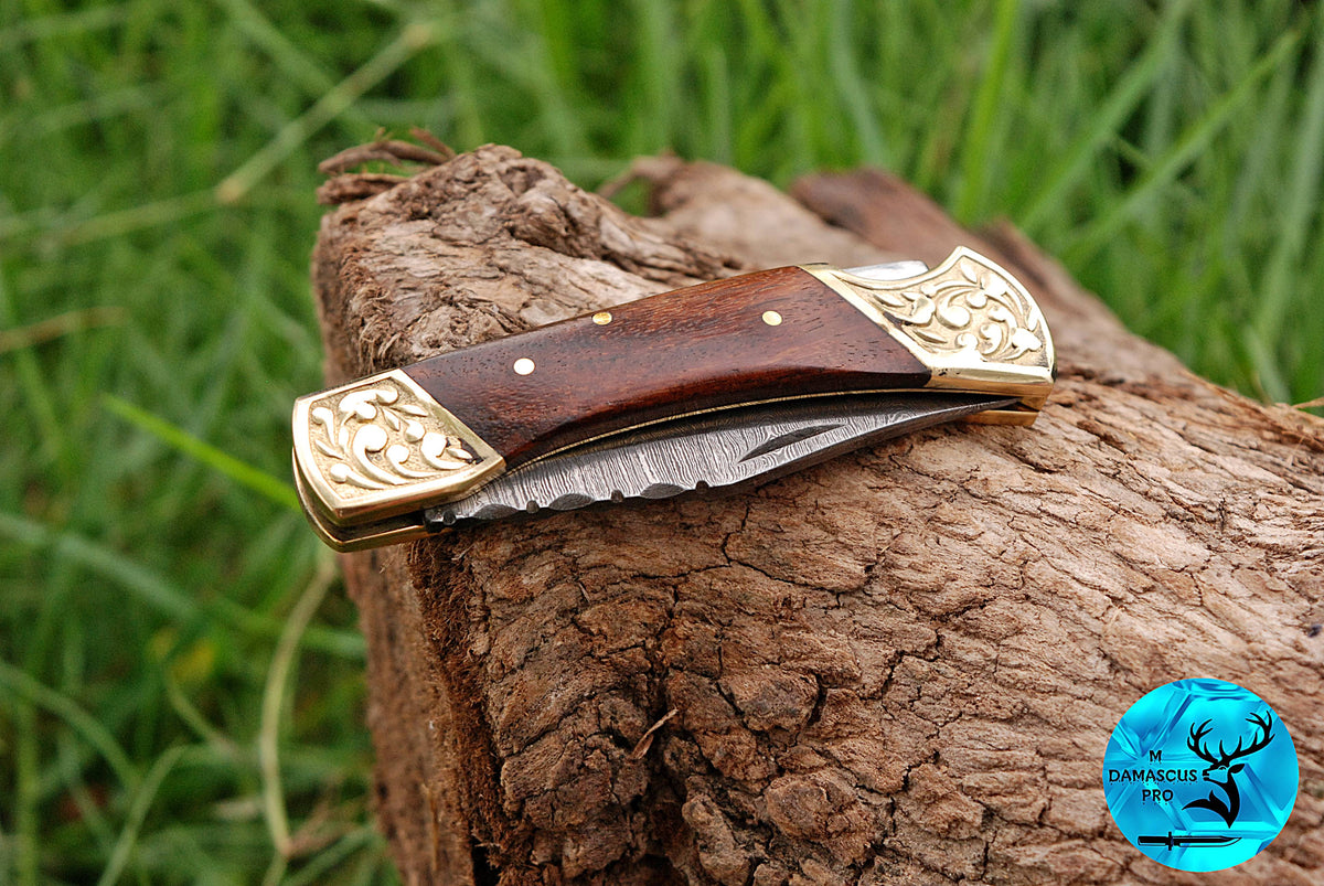 CUSTOM MADE POCKET KNIFE / HAND FORGED DAMASCUS STEEL FOLDING BLADE KNIFE / WOOD HANDLE