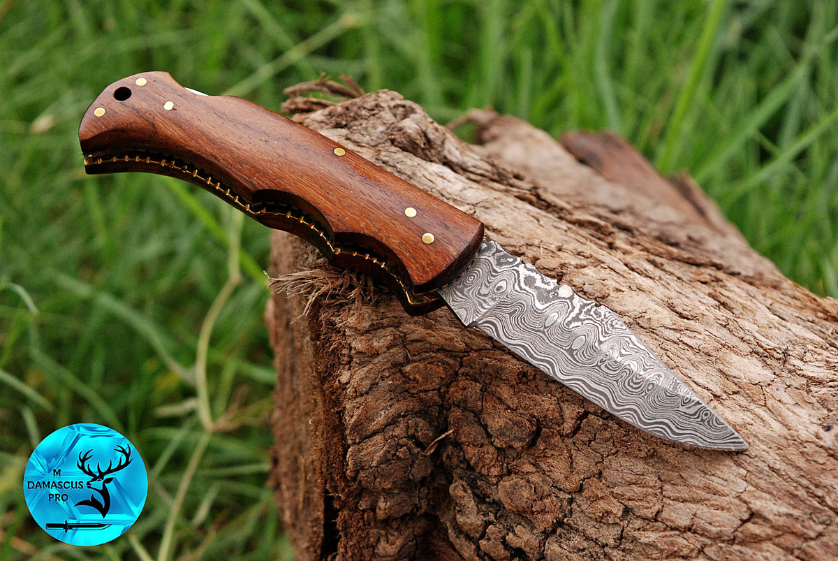 CUSTOM MADE POCKET KNIFE / HAND FORGED DAMASCUS STEEL FOLDING BLADE KNIFE / WOOD HANDLE 1296