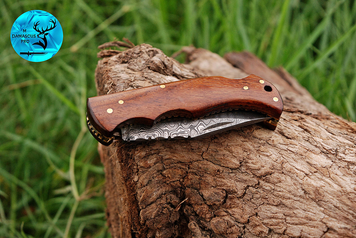 CUSTOM MADE POCKET KNIFE / HAND FORGED DAMASCUS STEEL FOLDING BLADE KNIFE / WOOD HANDLE 1296