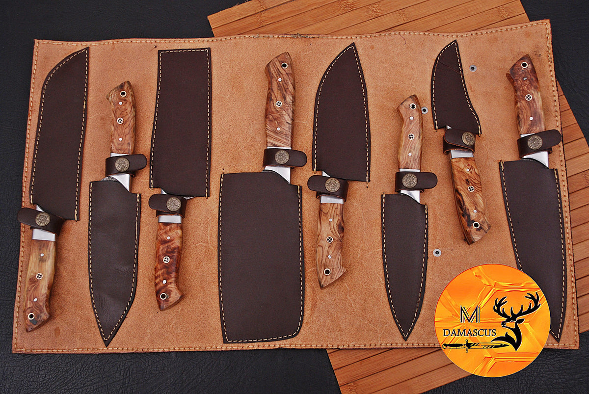 CUSTOM MADE CHEF KNIFE SET HAND FORGED DAMASCUS STEEL KITCHEN KNIVES SET WITH WOOD HANDLE